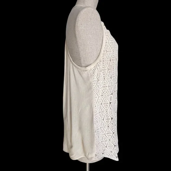 Solitaire Cream Sleeveless Halter Top Crochet Overlay Racerback Womens Size L ? - Picture 3 of 8